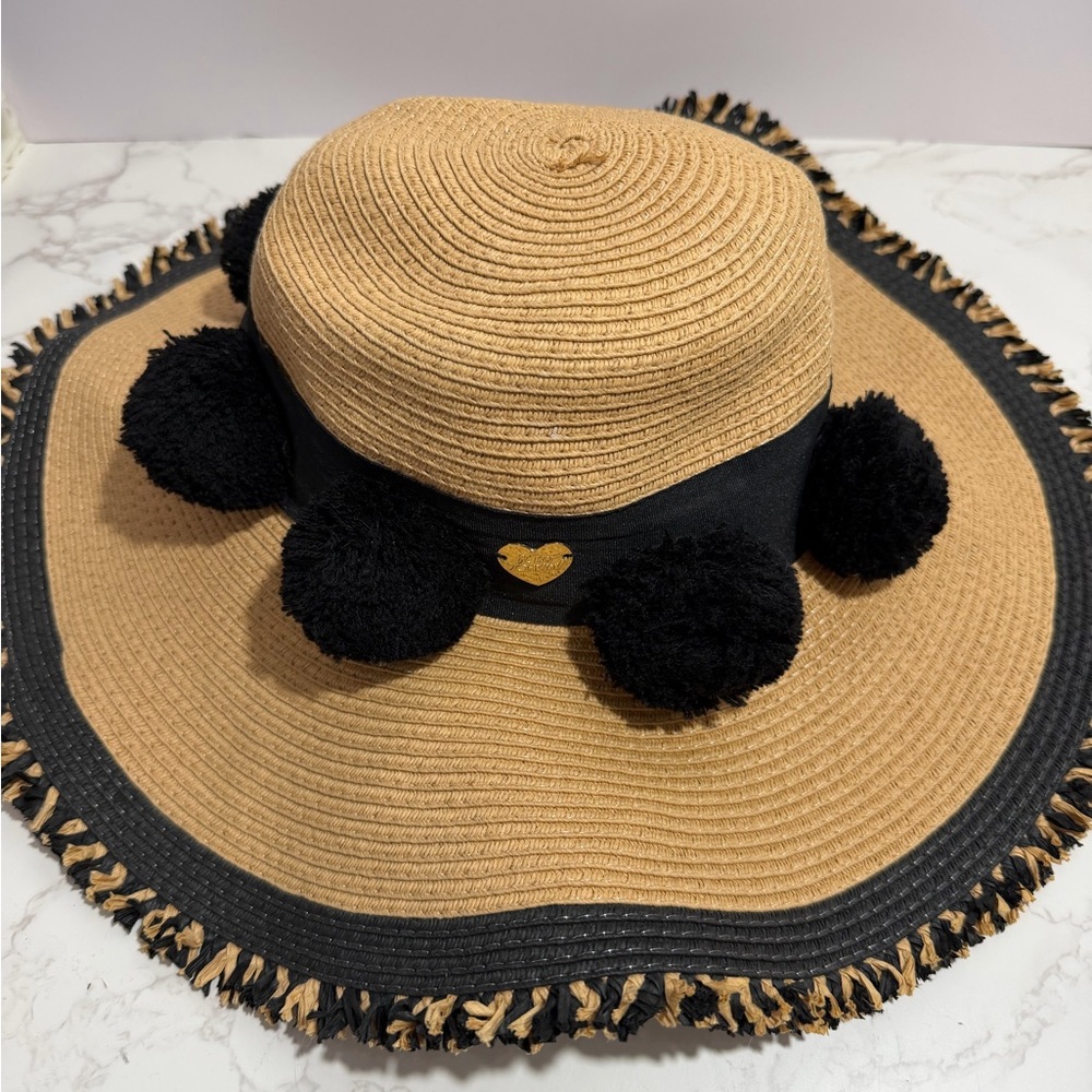 Betsy Johnson Raffia Straw Sun Hat with Black Pom-Pom Trim -- OS - Picture 2 of 8